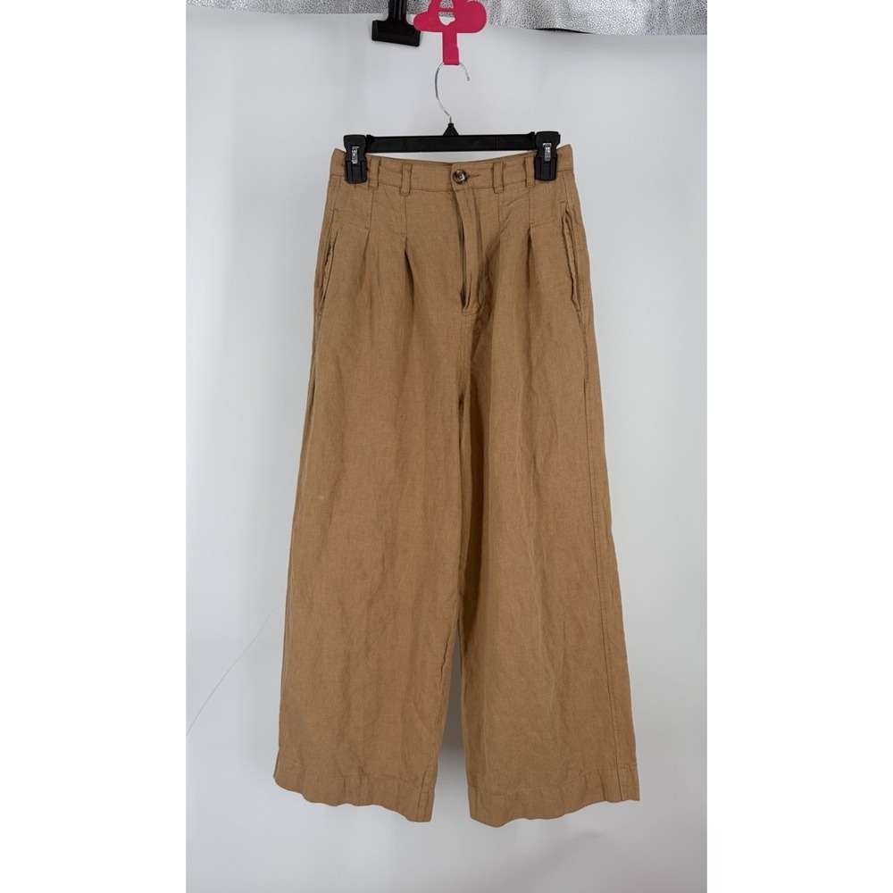 Free People Linen Blend Wide Leg Baggy Pants Camel Tan Pleated Boho 4 Lagenlook